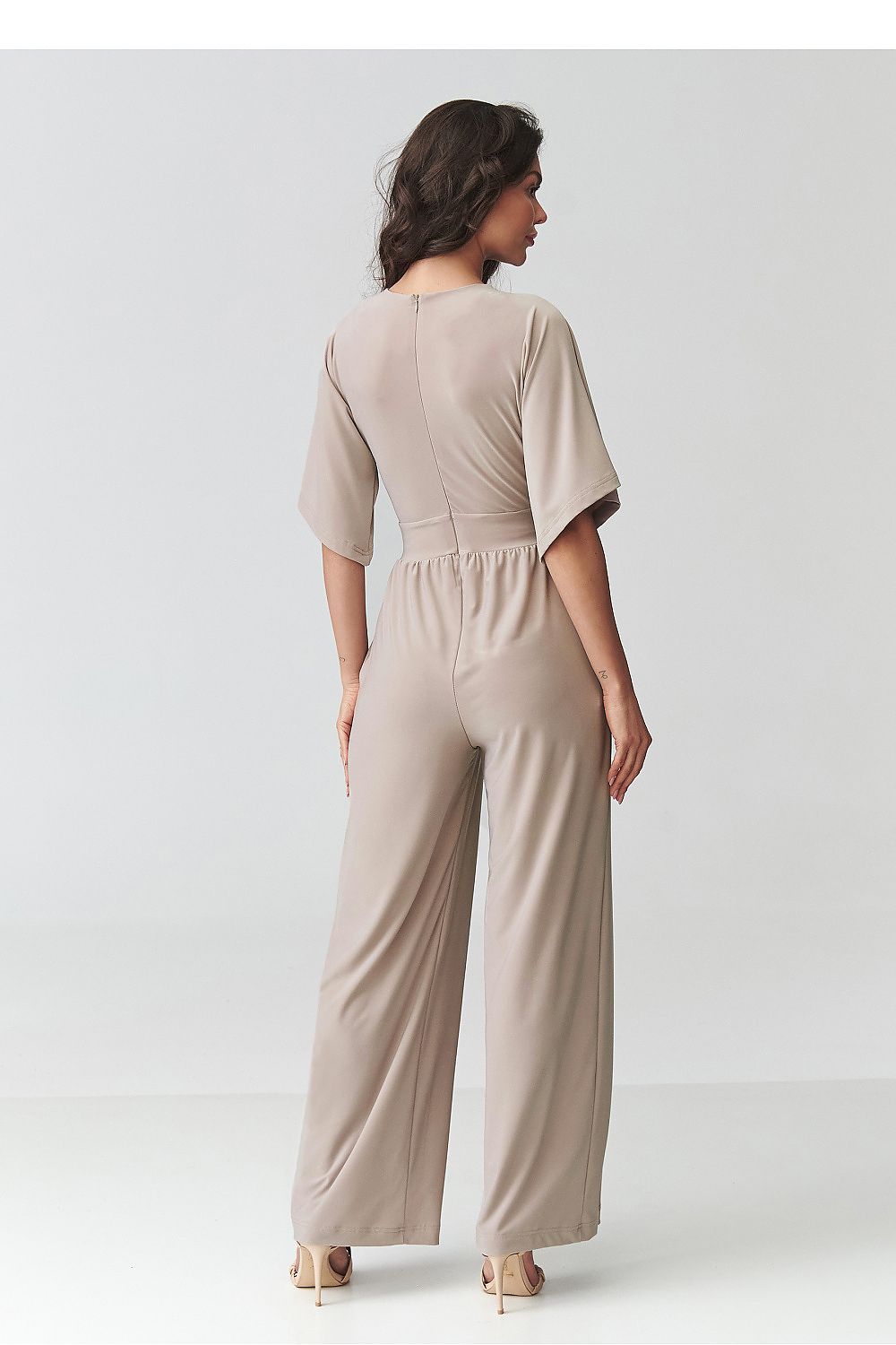beige wrap short sleeve suit detail view
