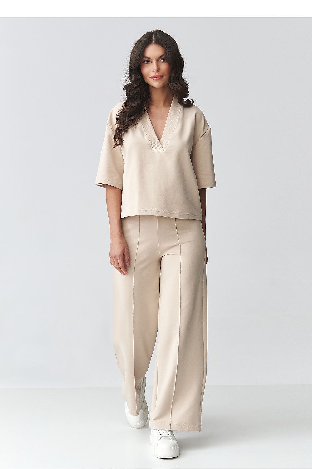 beige v-neck mini matching set front view
