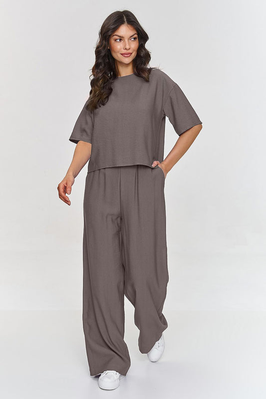 brown short sleeve matching set front view