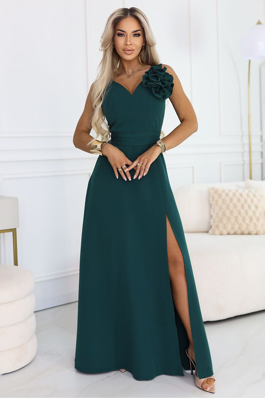 green flared belted long dress front view