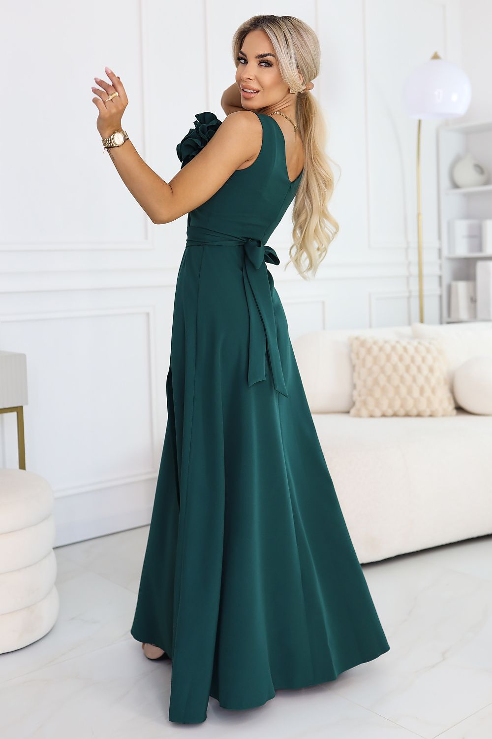 green flared belted long dress alternate angle