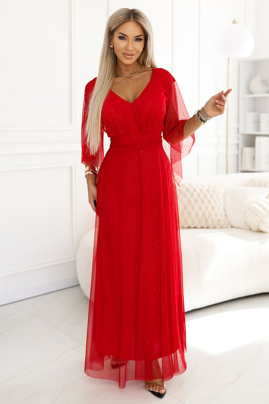 red wrap tulle long dress front view