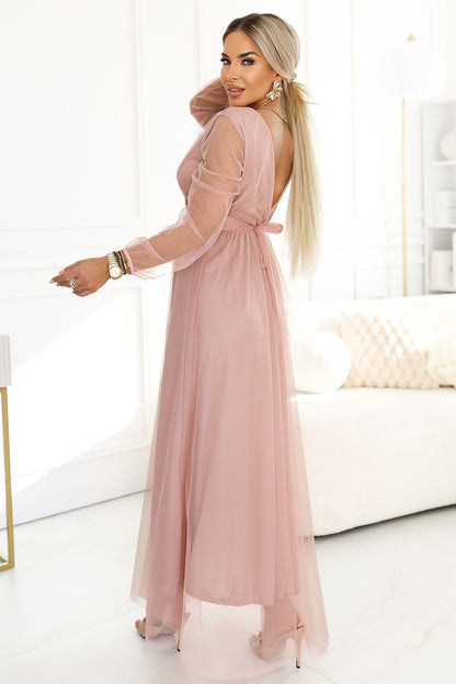 pink wrap tulle long dress alternate angle