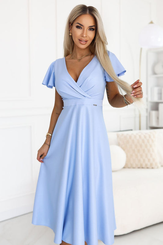 blue wrap flared cocktail dress front view