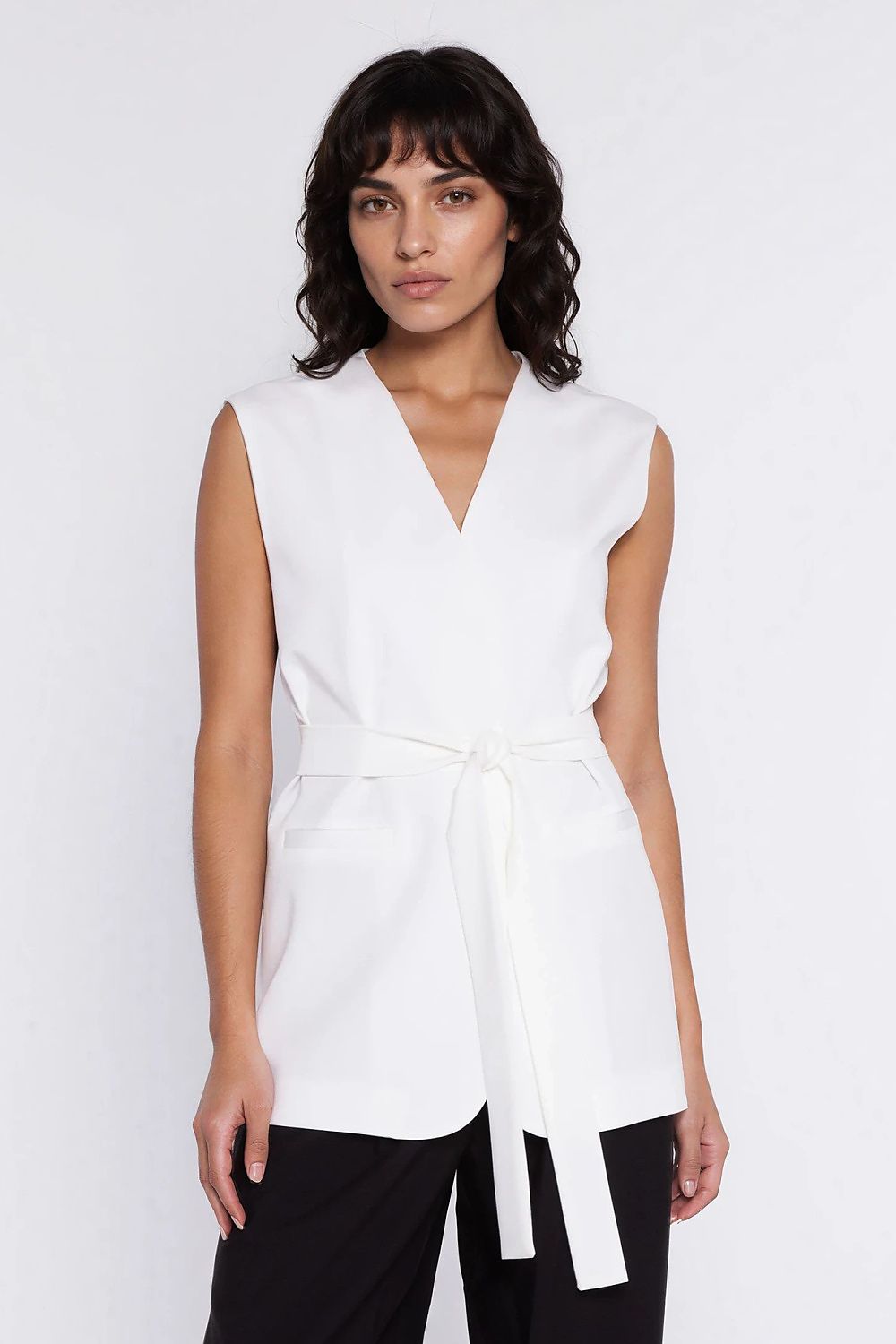 pink belted v-neck gilet side view