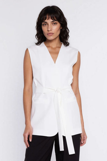 pink belted v-neck gilet side view