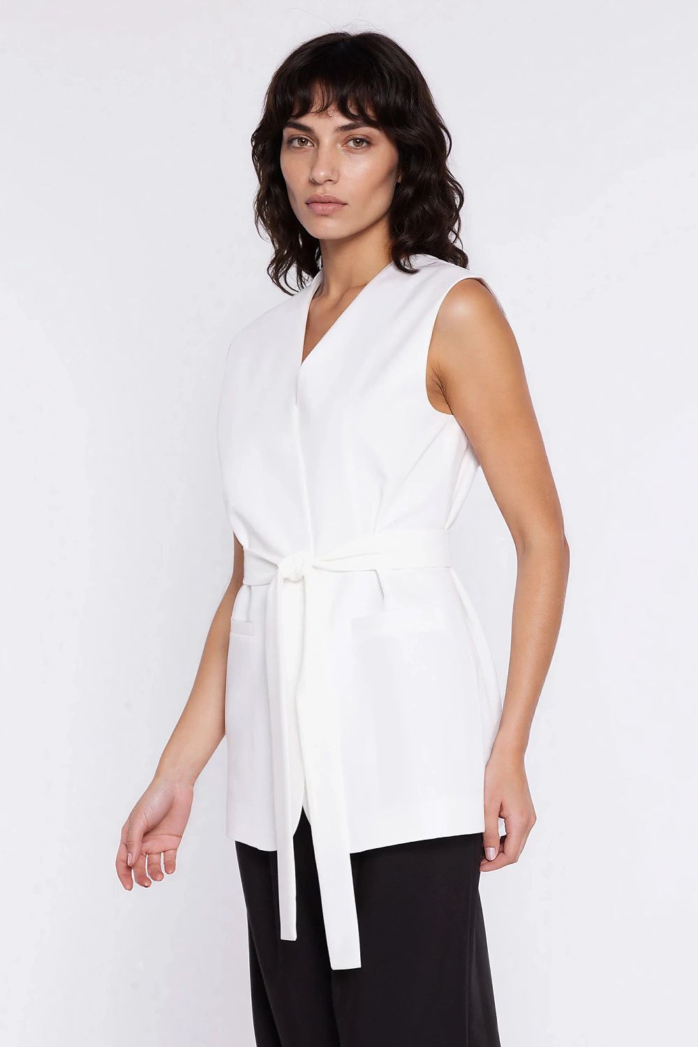 pink belted v-neck gilet view 6
