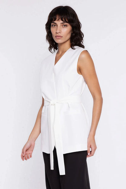 pink belted v-neck gilet view 6