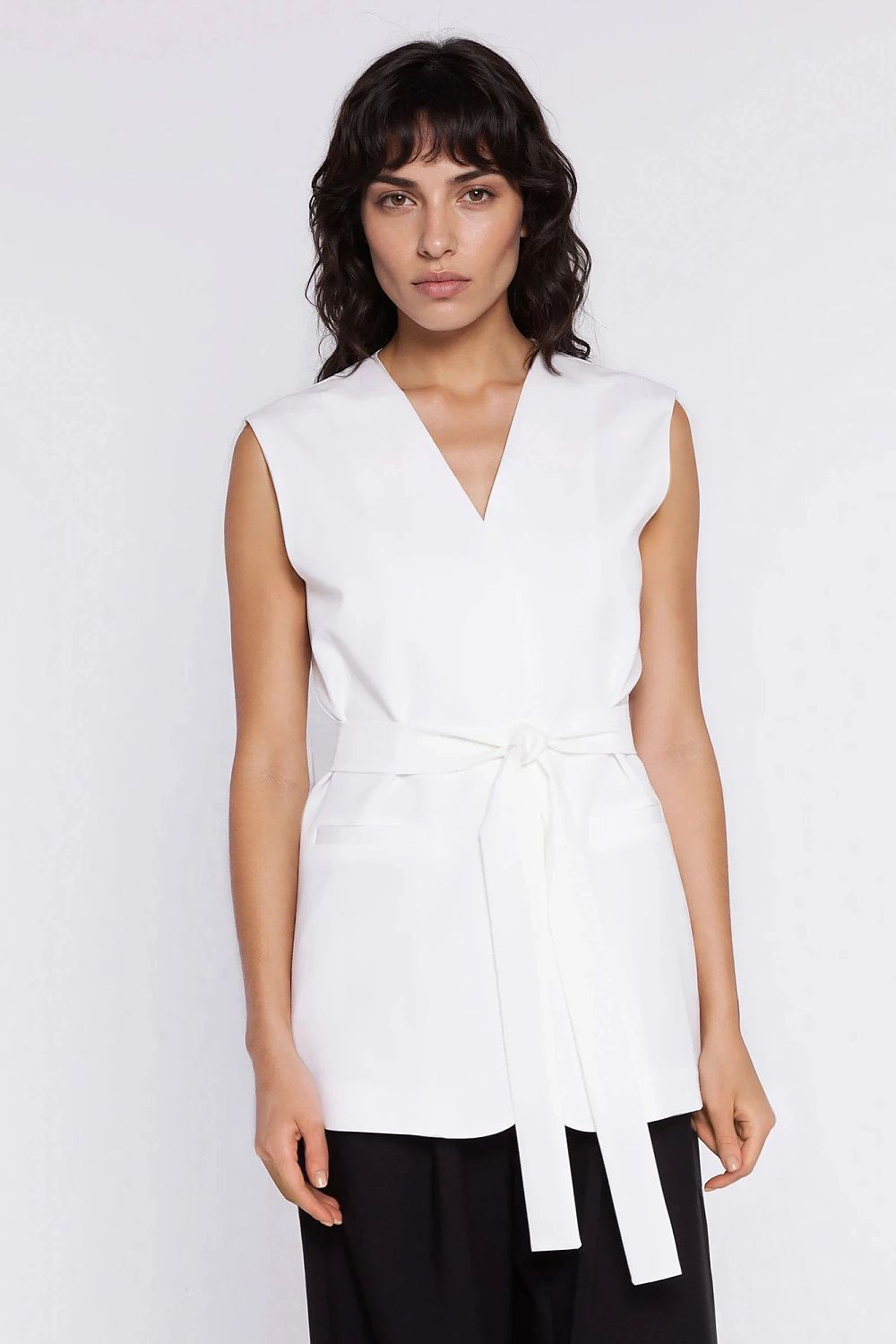 pink belted v-neck gilet view 8