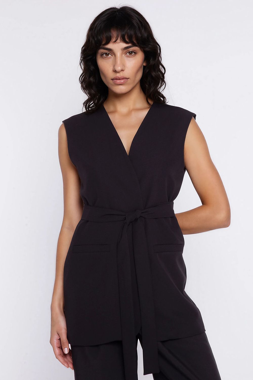 pink belted v-neck gilet view 9