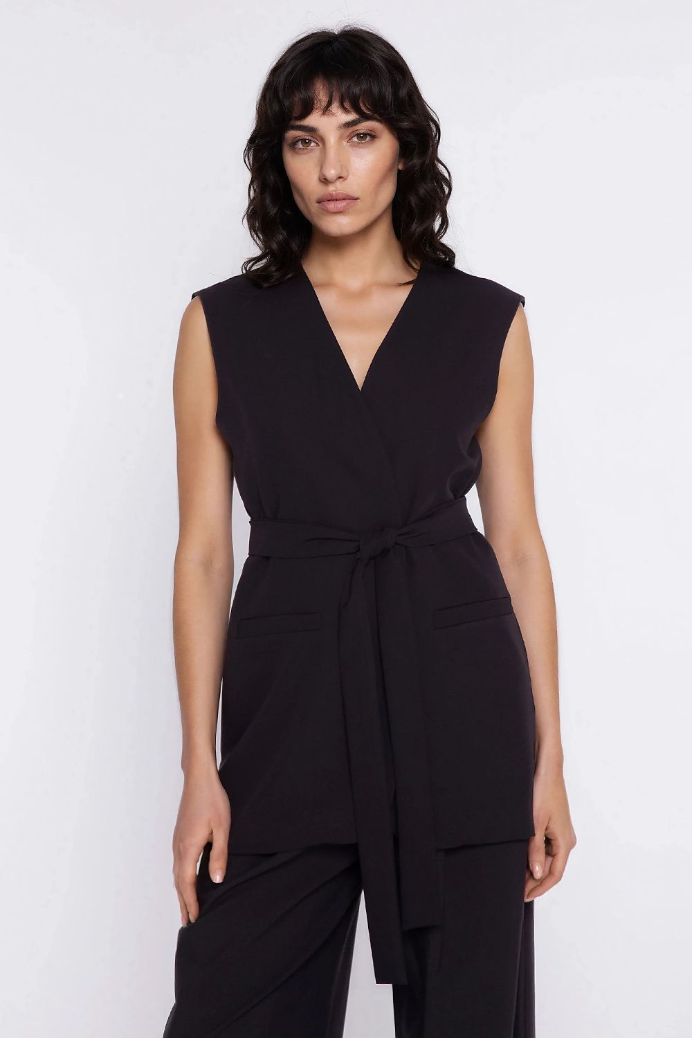 pink belted v-neck gilet view 10