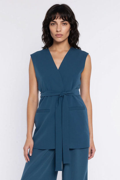 pink belted v-neck gilet view 13