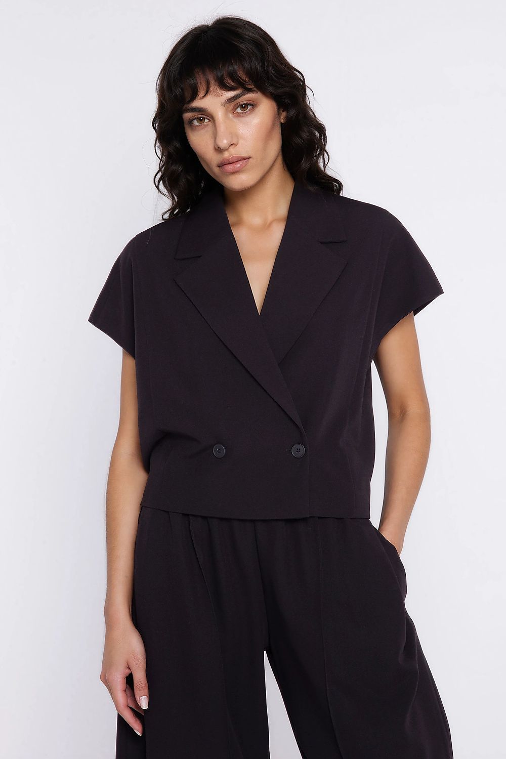 navy blue short sleeve jacket side view