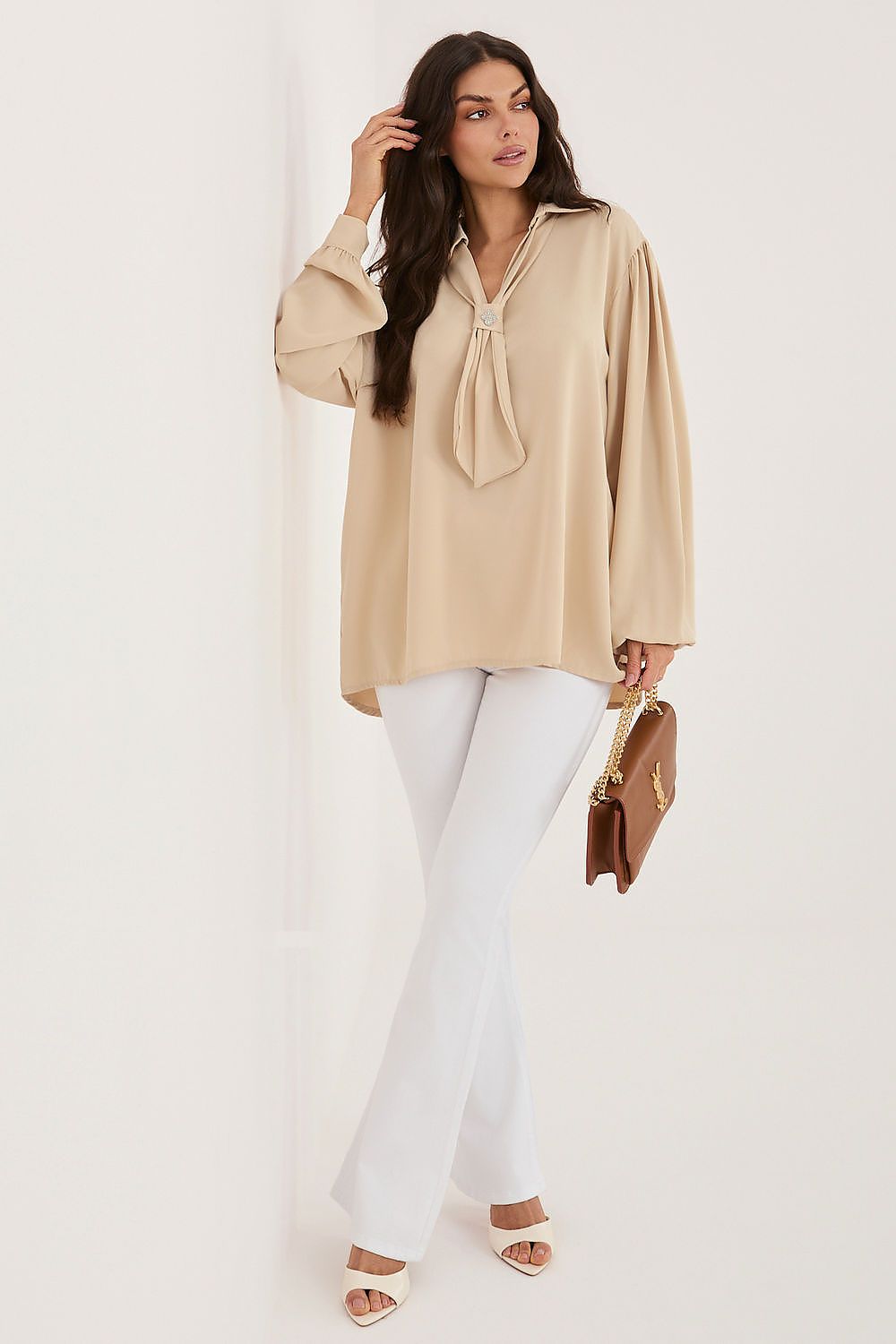 brown long sleeve v-neck blouse view 16