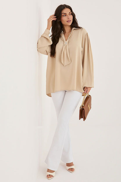 brown long sleeve v-neck blouse view 16