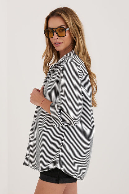 Women's Black, Blue, and Navy Blue Long Sleeve Shirt side view