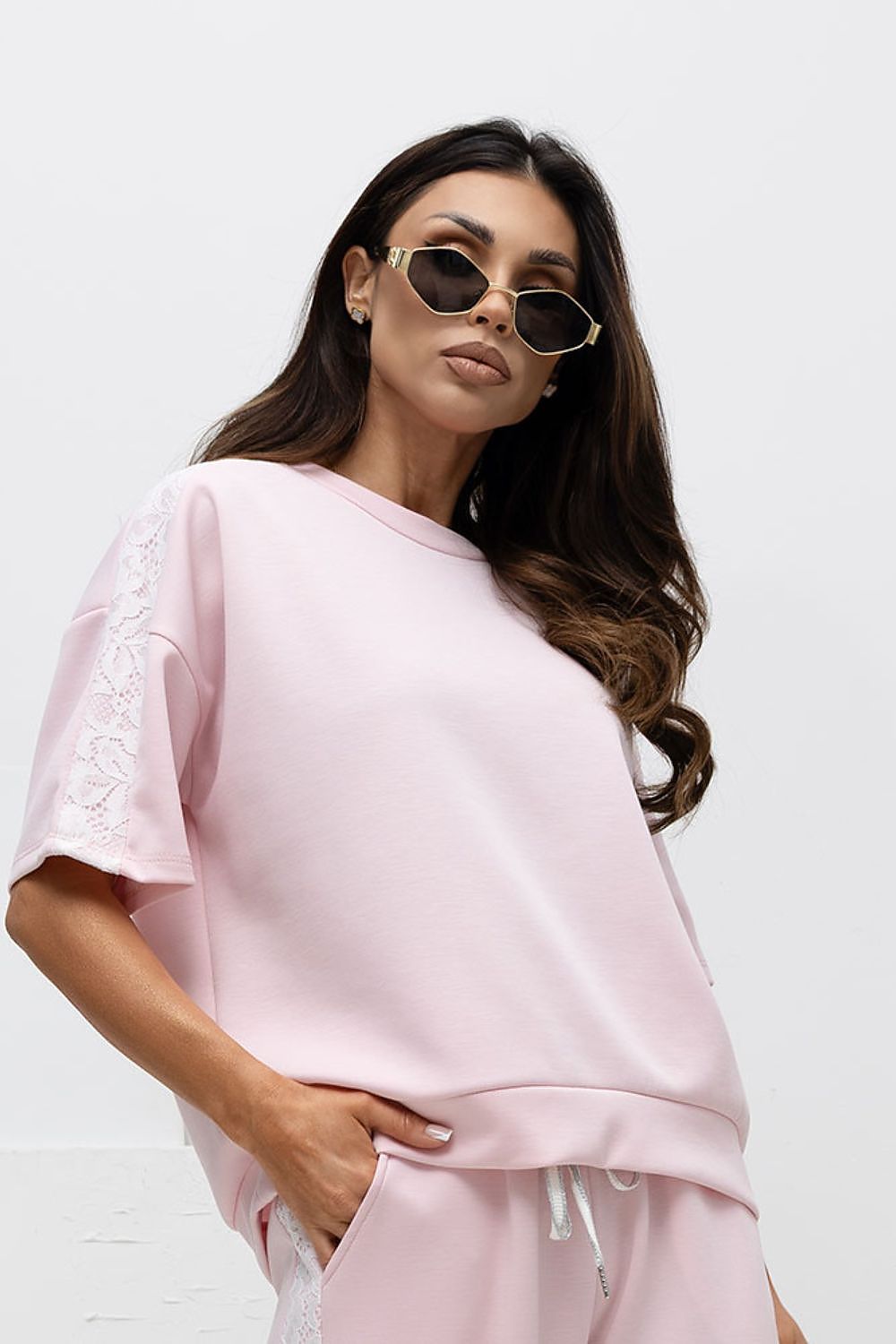 pink lace short sleeve blouse back view
