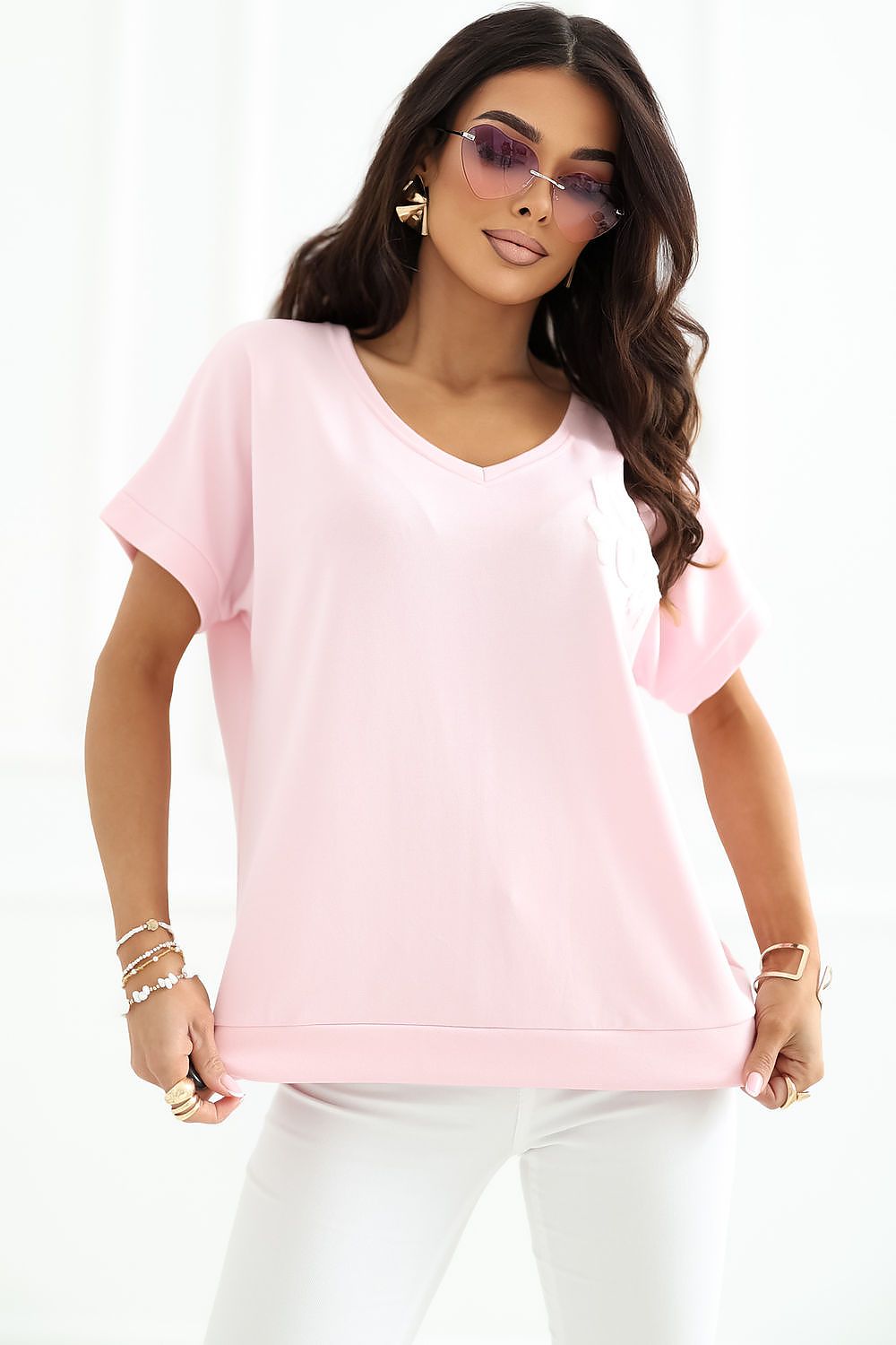 pink short sleeve v-neck blouse front view