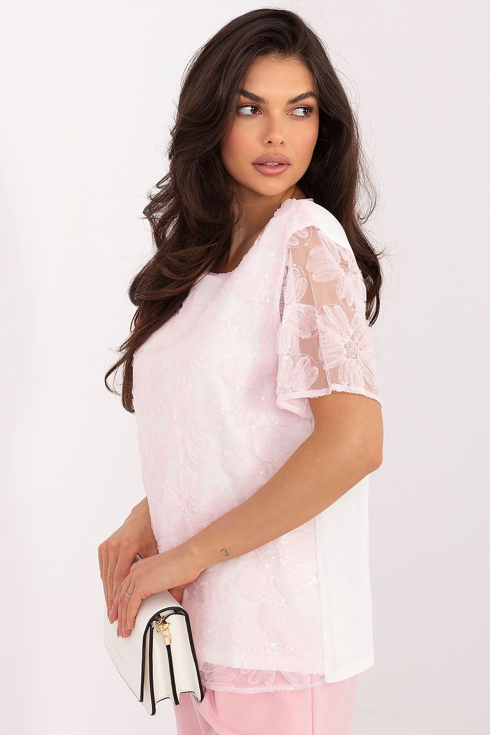 pink lace sequin blouse alternate angle