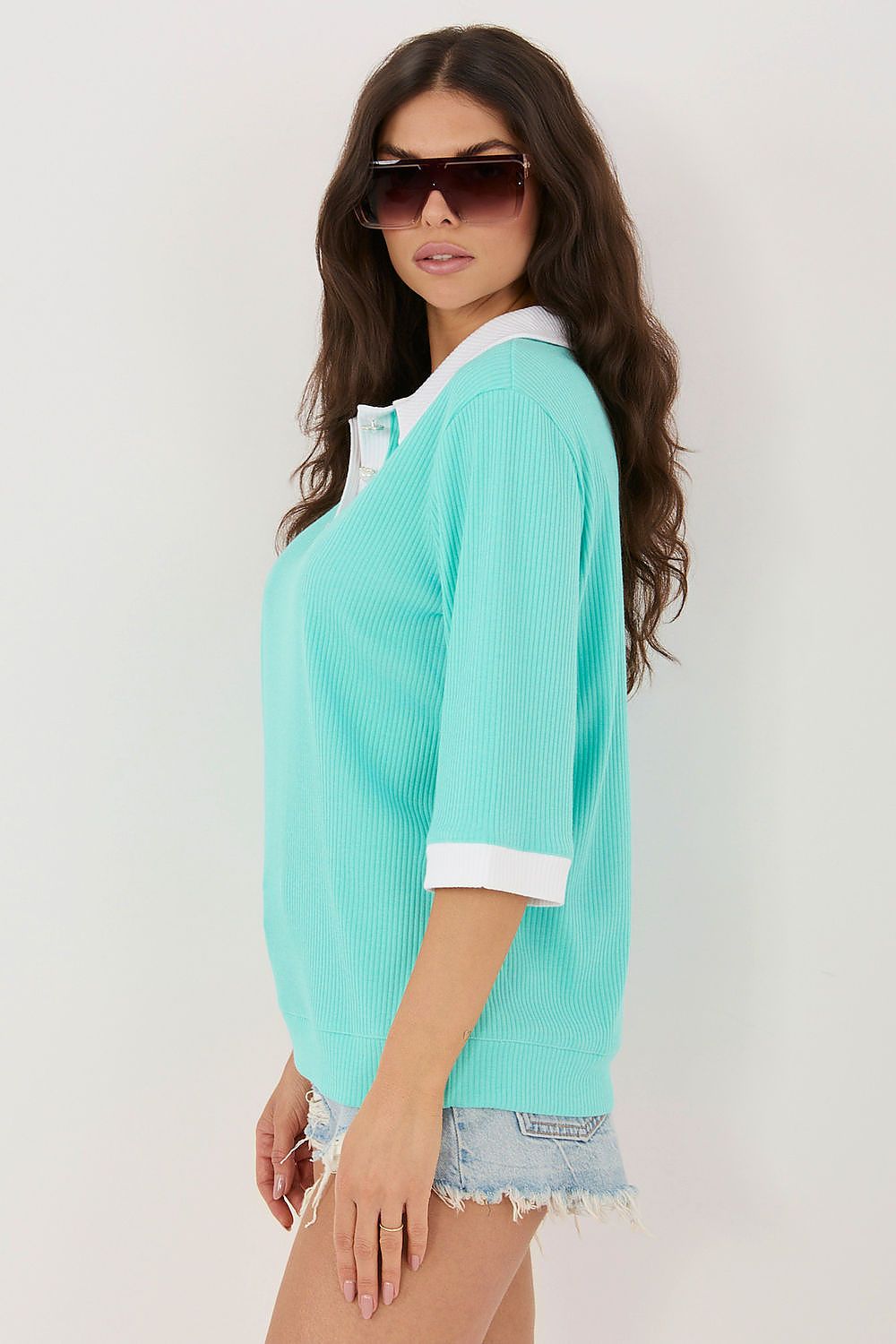 violet ribbed blouse side view