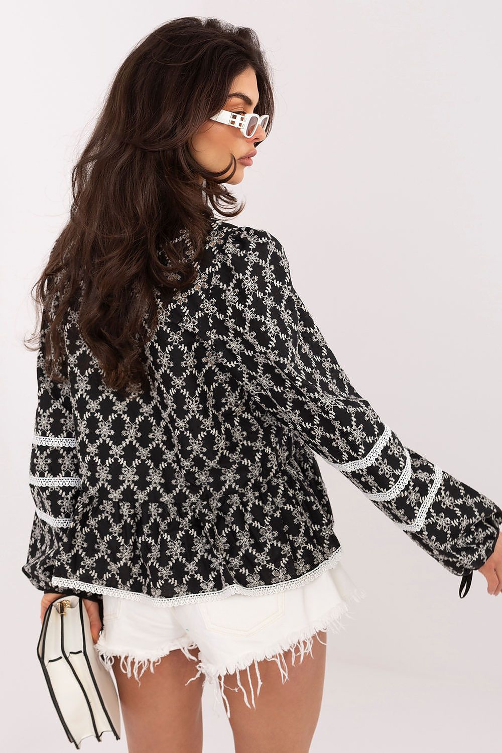 black lace ruffle blouse detail view