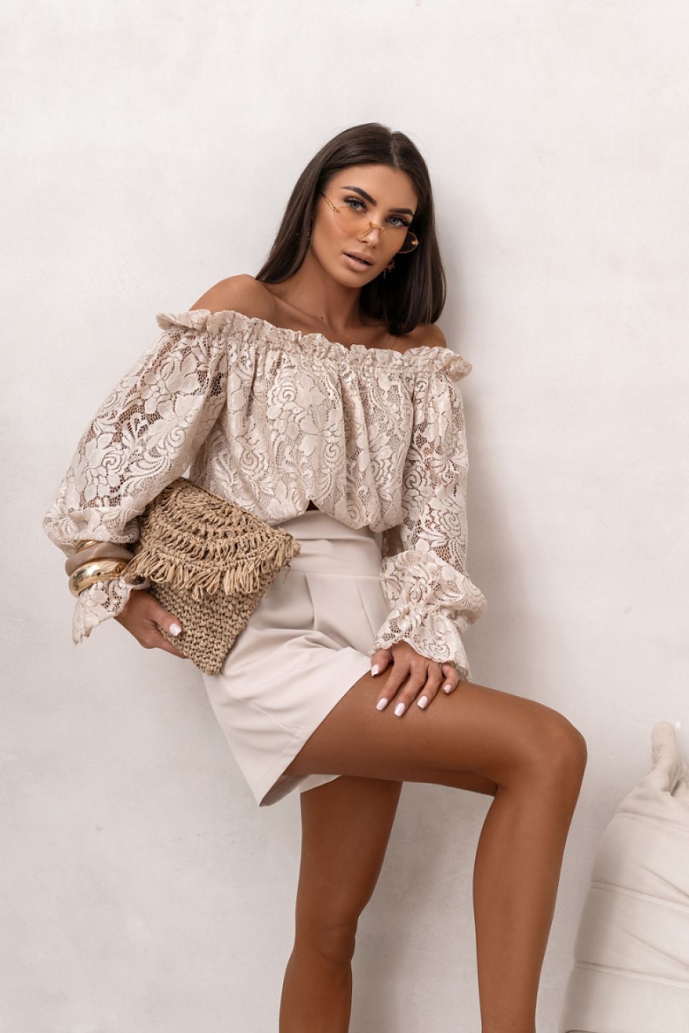 beige lace mini blouse detail view