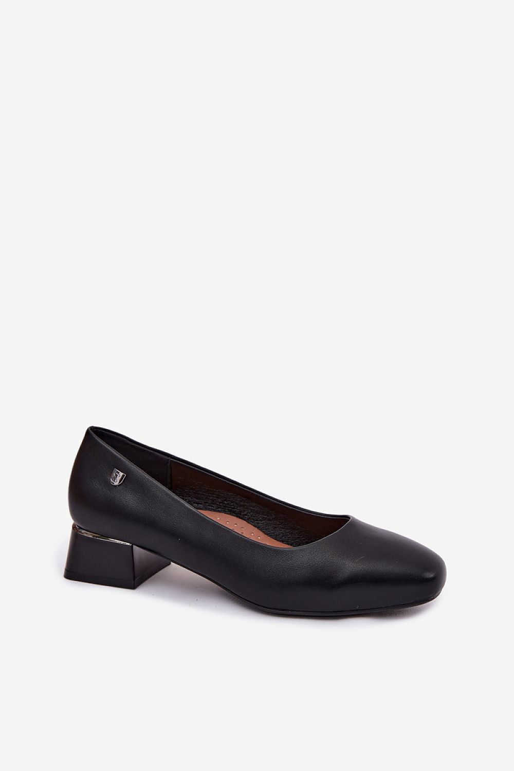 Women's Black and Beige Faux Leather Strap Detail Heel Pumps side view