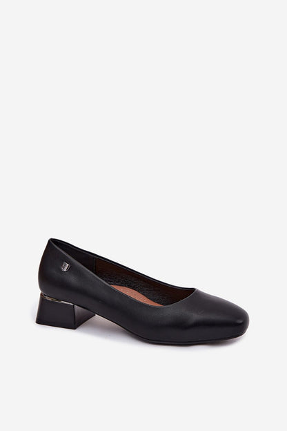 Women's Black and Beige Faux Leather Strap Detail Heel Pumps side view