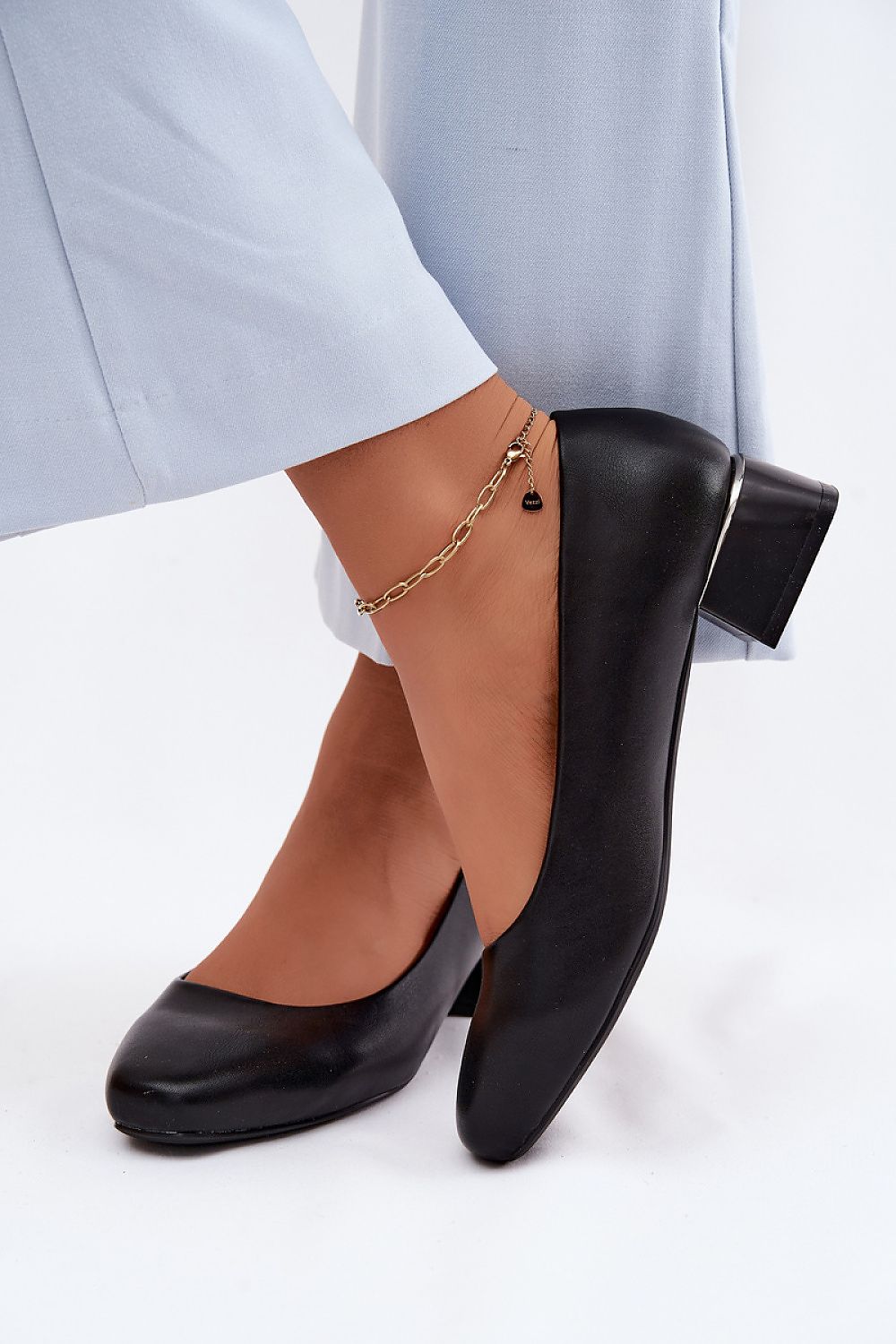 Women's Black and Beige Faux Leather Strap Detail Heel Pumps detail view