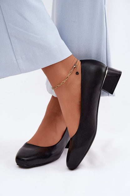 Women's Black and Beige Faux Leather Strap Detail Heel Pumps detail view