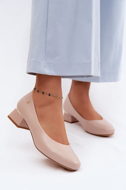 Women's Black and Beige Faux Leather Strap Detail Heel Pumps back view
