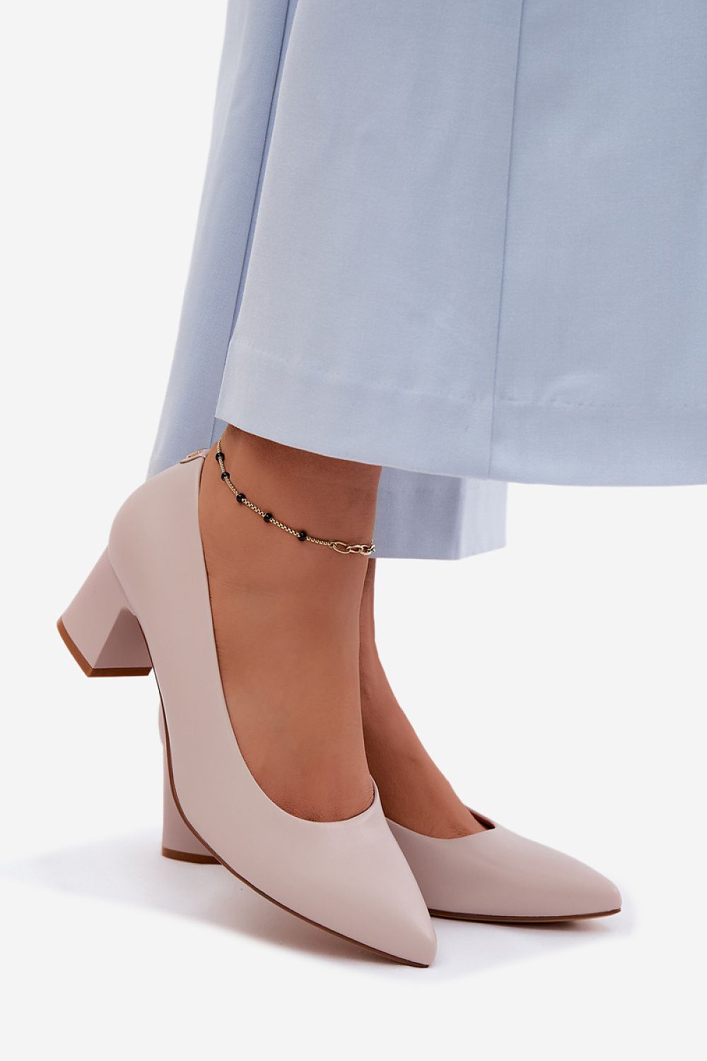 Women's Grey Faux Leather Block Heel Pumps front view