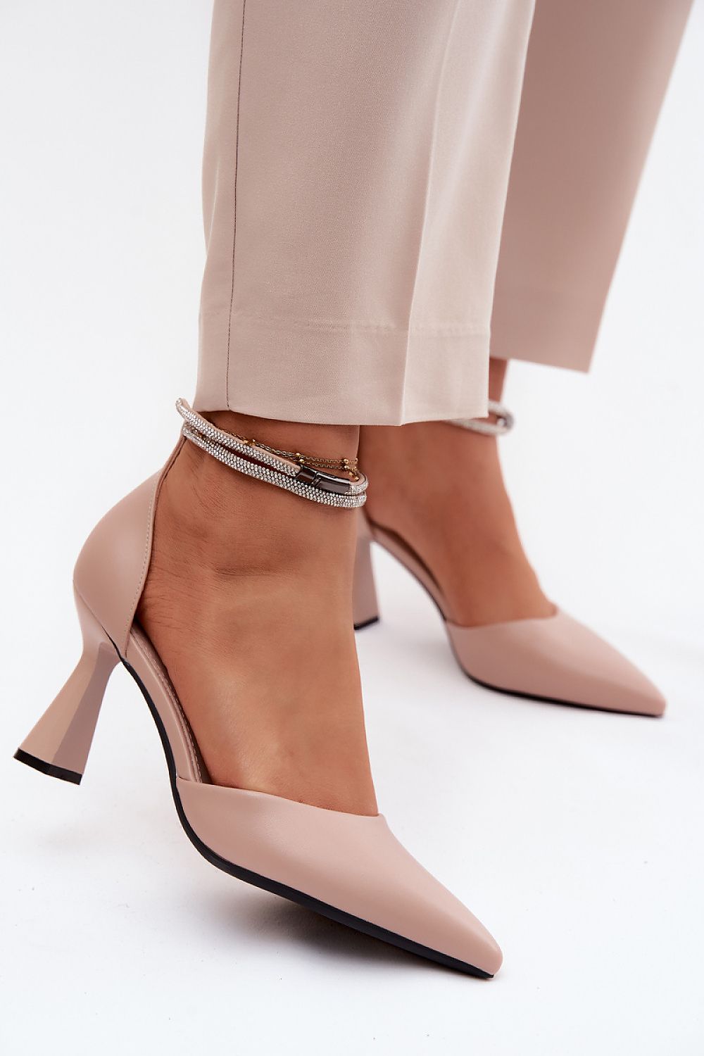 Women's Beige Faux Leather Block Heel Pumps front view