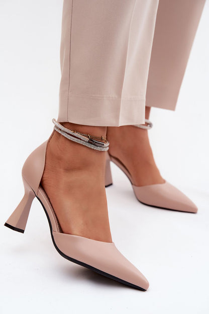 Women's Beige Faux Leather Block Heel Pumps front view