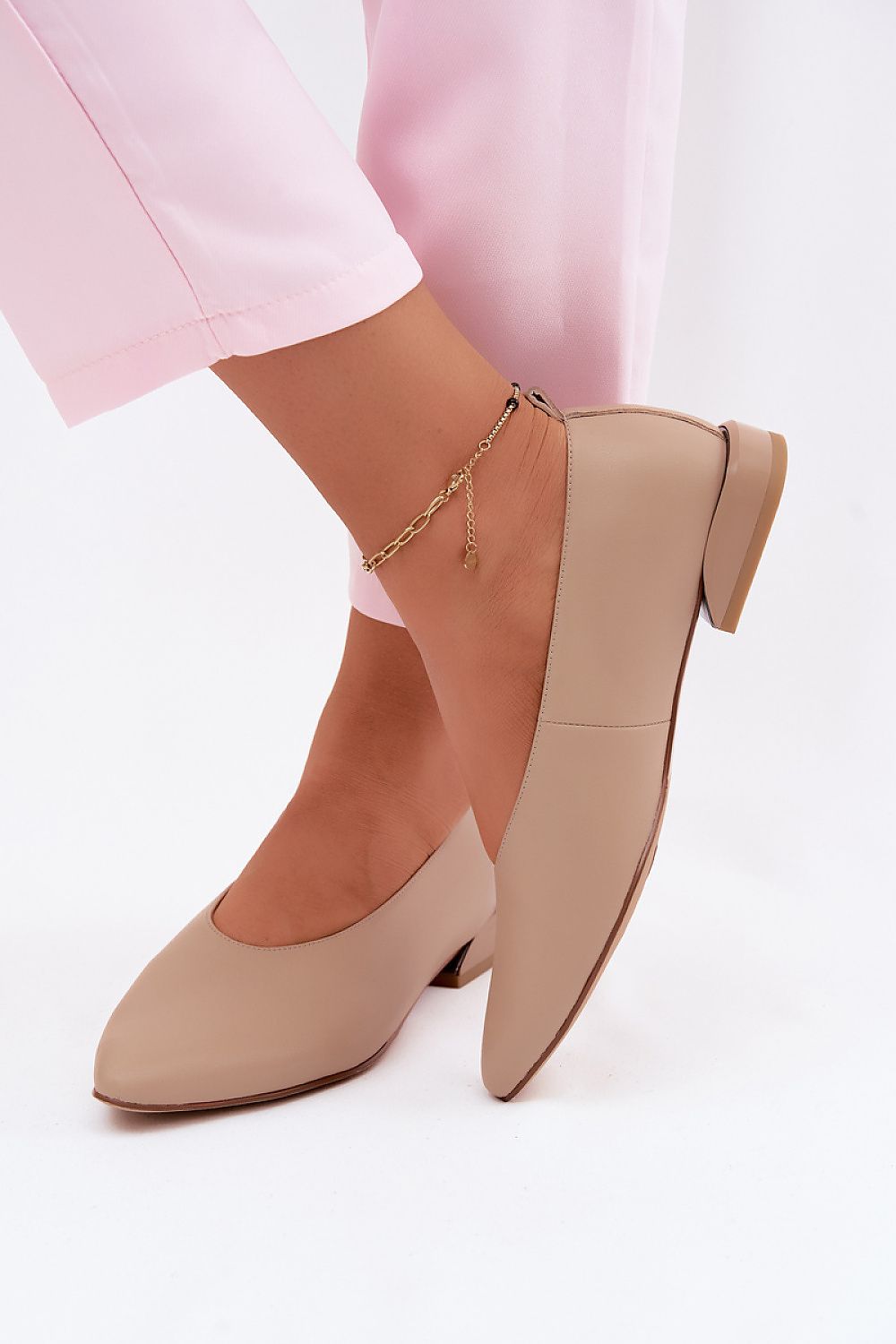 Women's Beige and Black Leather 2 Cm Heel Ballet Flats front view