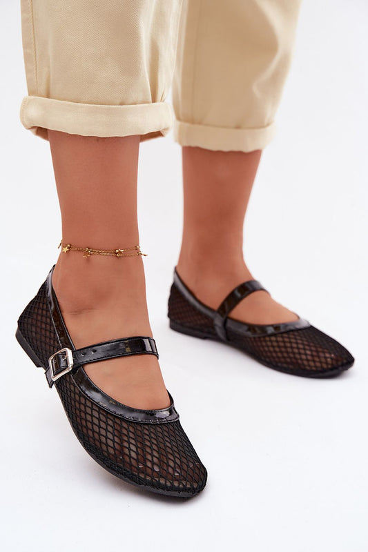 Women's Black and Beige Eco Leather 1 Cm Heel Ballet Flats front view