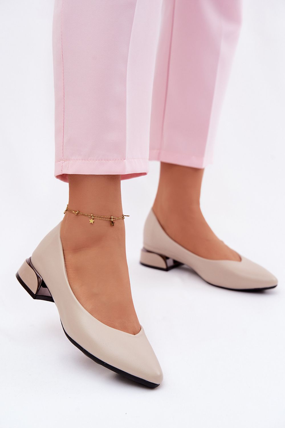 Women's Beige and Black Faux Leather 3.5 Cm Heel Ballet Flats front view