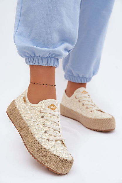 Women's Beige Fabric Platform Sole Sneakers front view