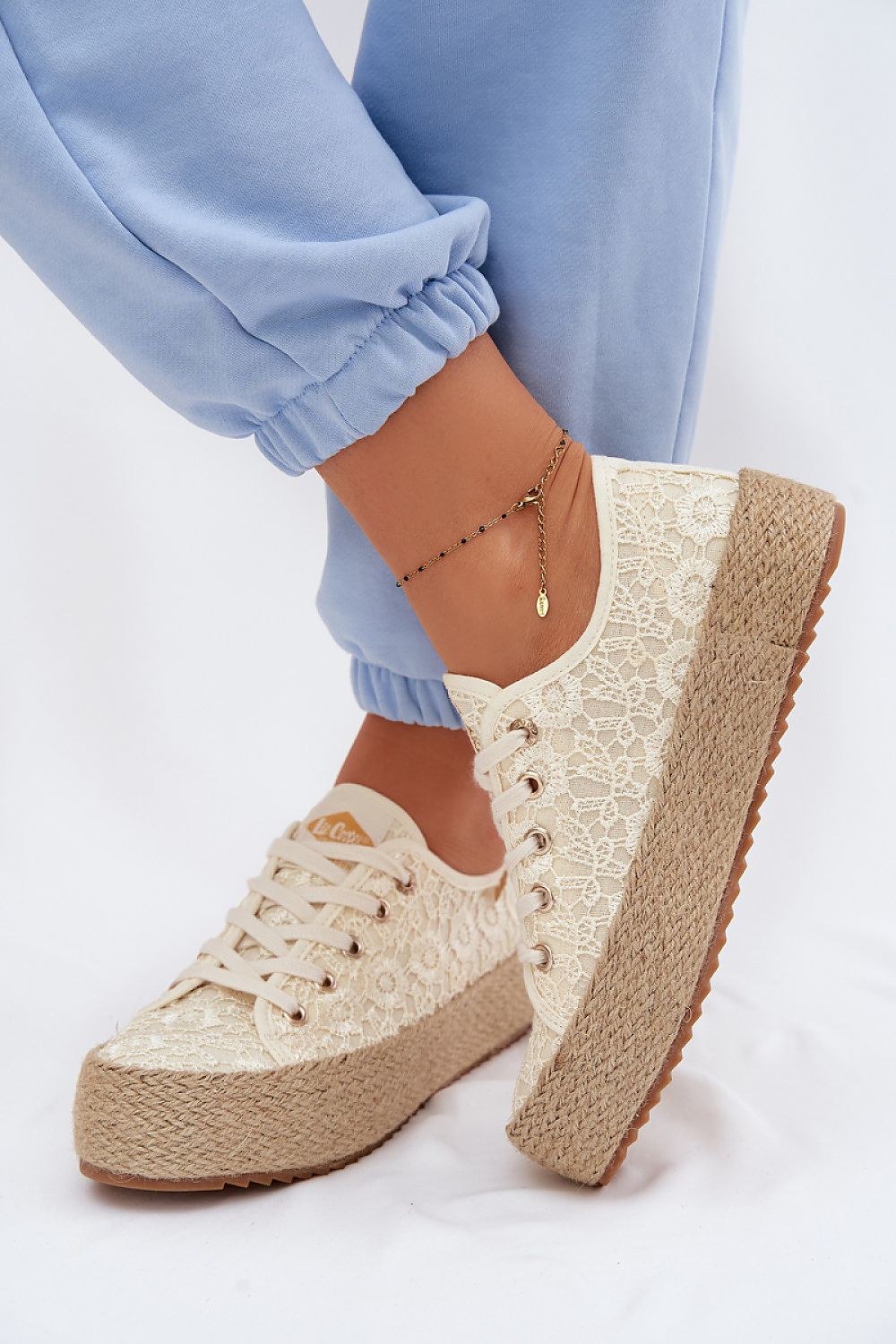 Women's Beige Fabric Platform Sole Sneakers detail view