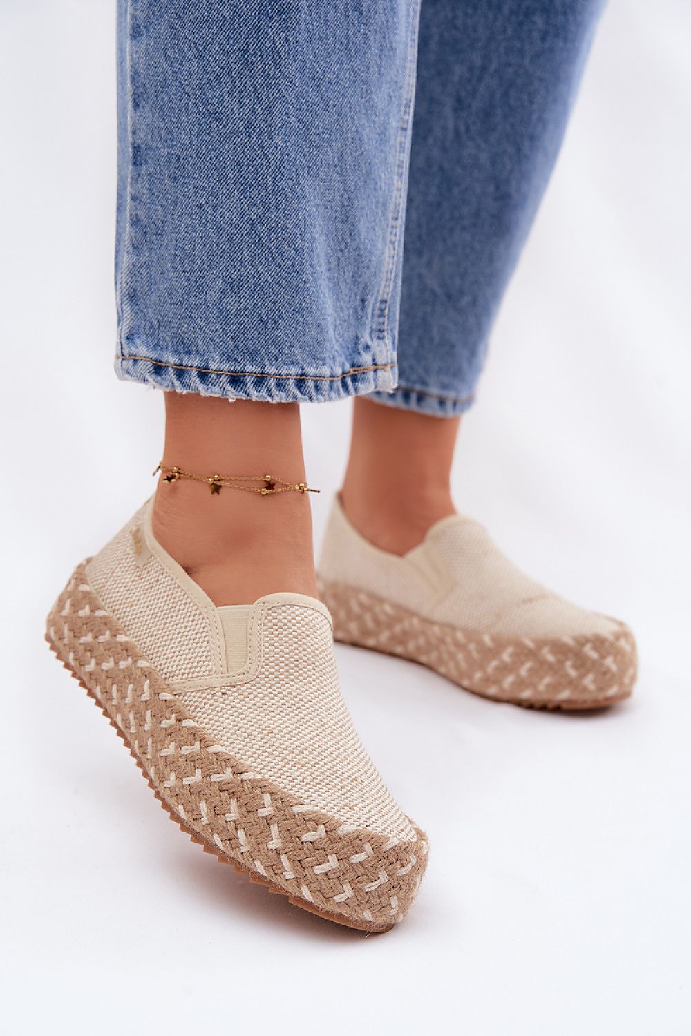 Women's Beige Fabric Platform Sole Espadrilles front view