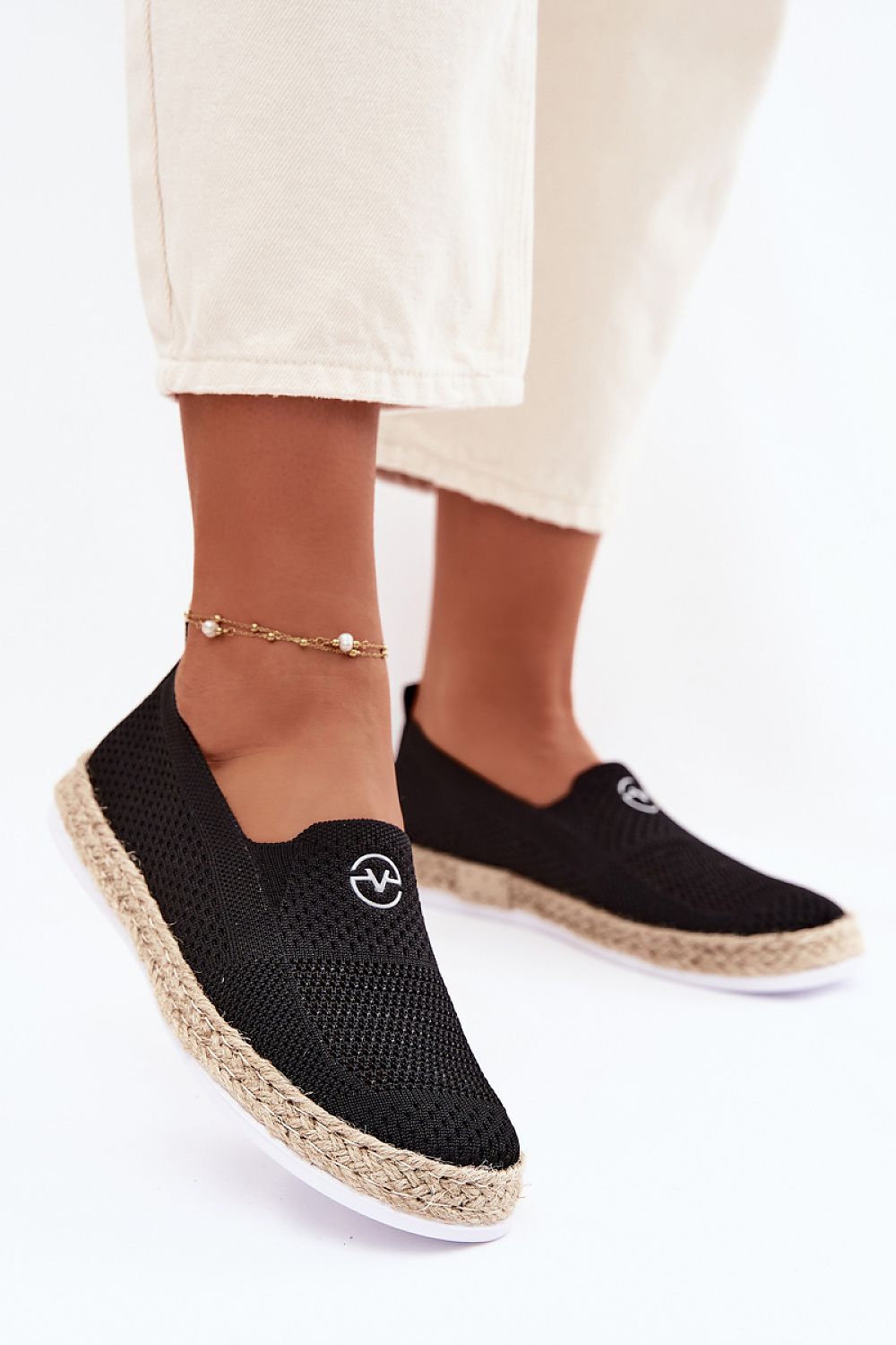 Women's Black and Beige Fabric Espadrilles front view