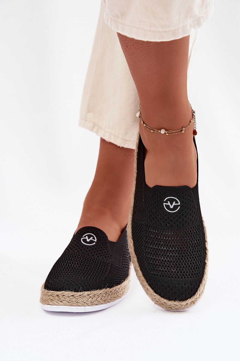 Women's Black and Beige Fabric Espadrilles detail view