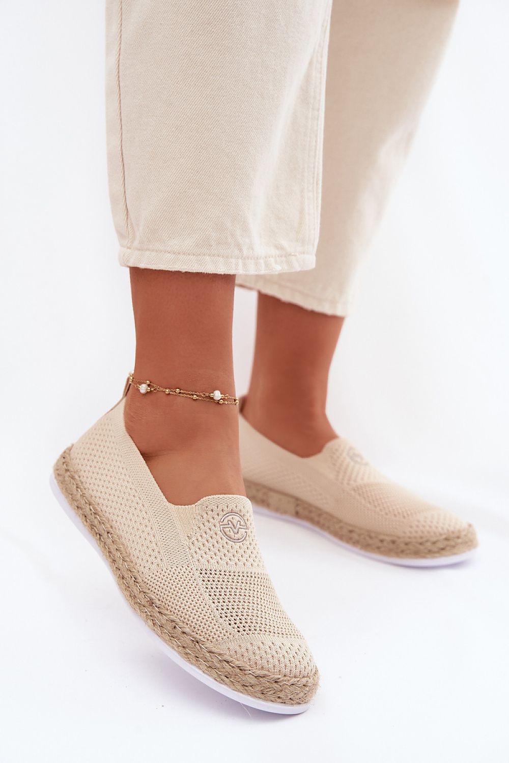 Women's Black and Beige Fabric Espadrilles back view