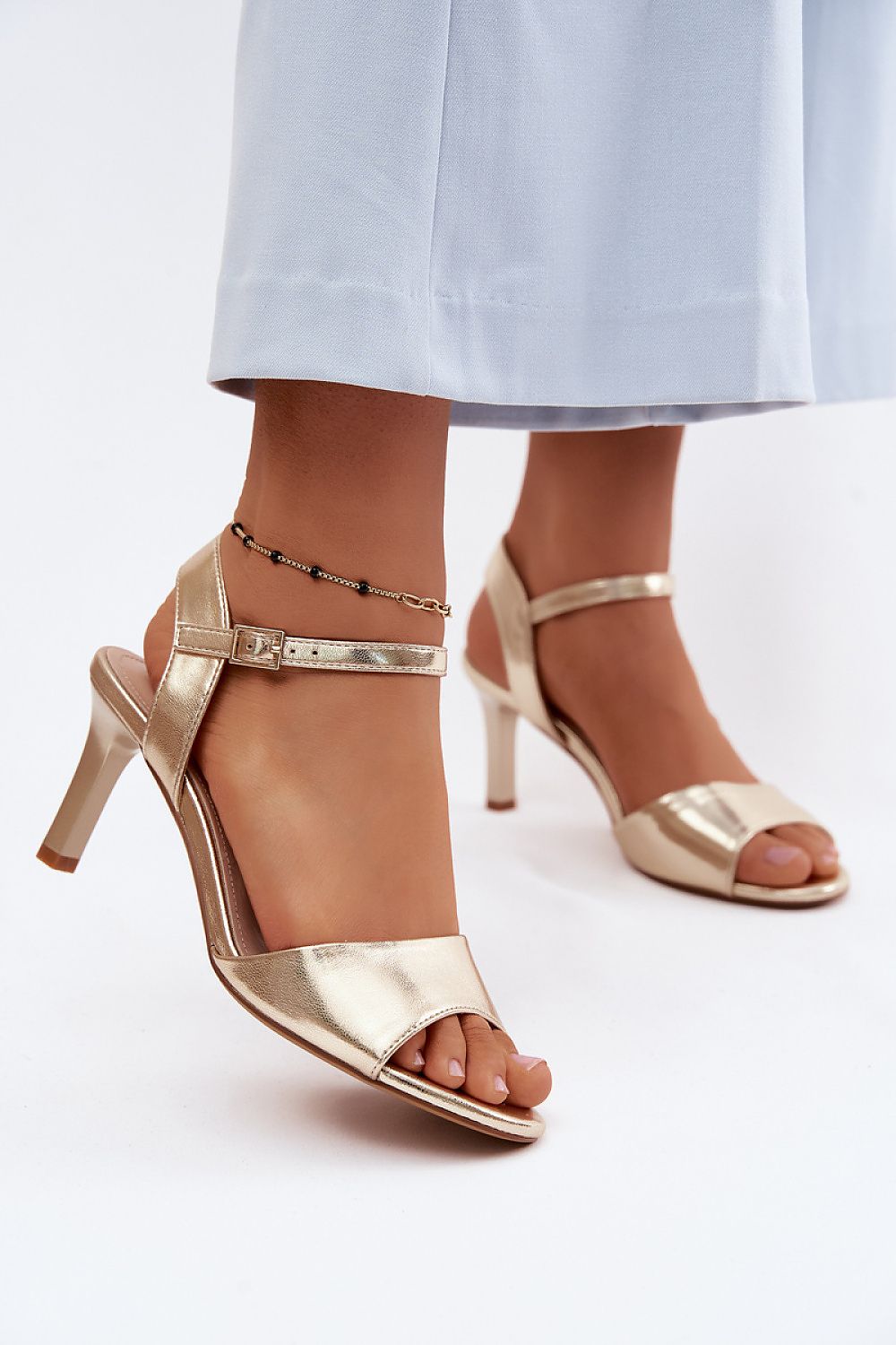 Women's Yellow and Grey Faux Leather Heeled Sandals front view