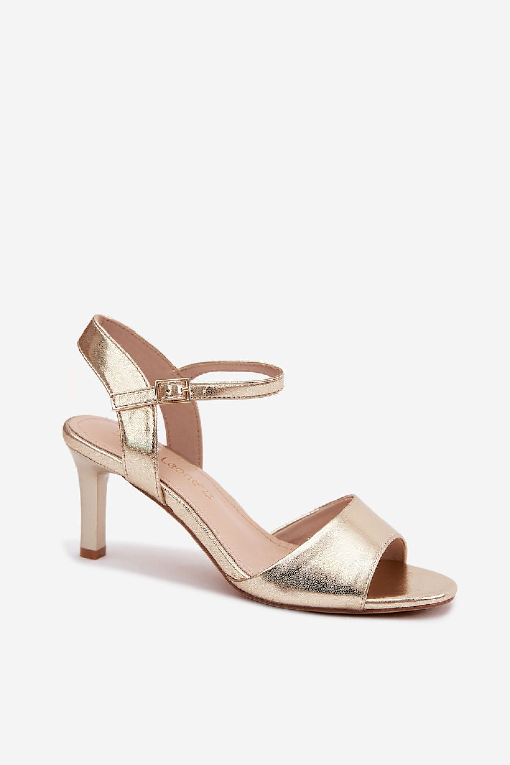 Women's Yellow and Grey Faux Leather Heeled Sandals side view
