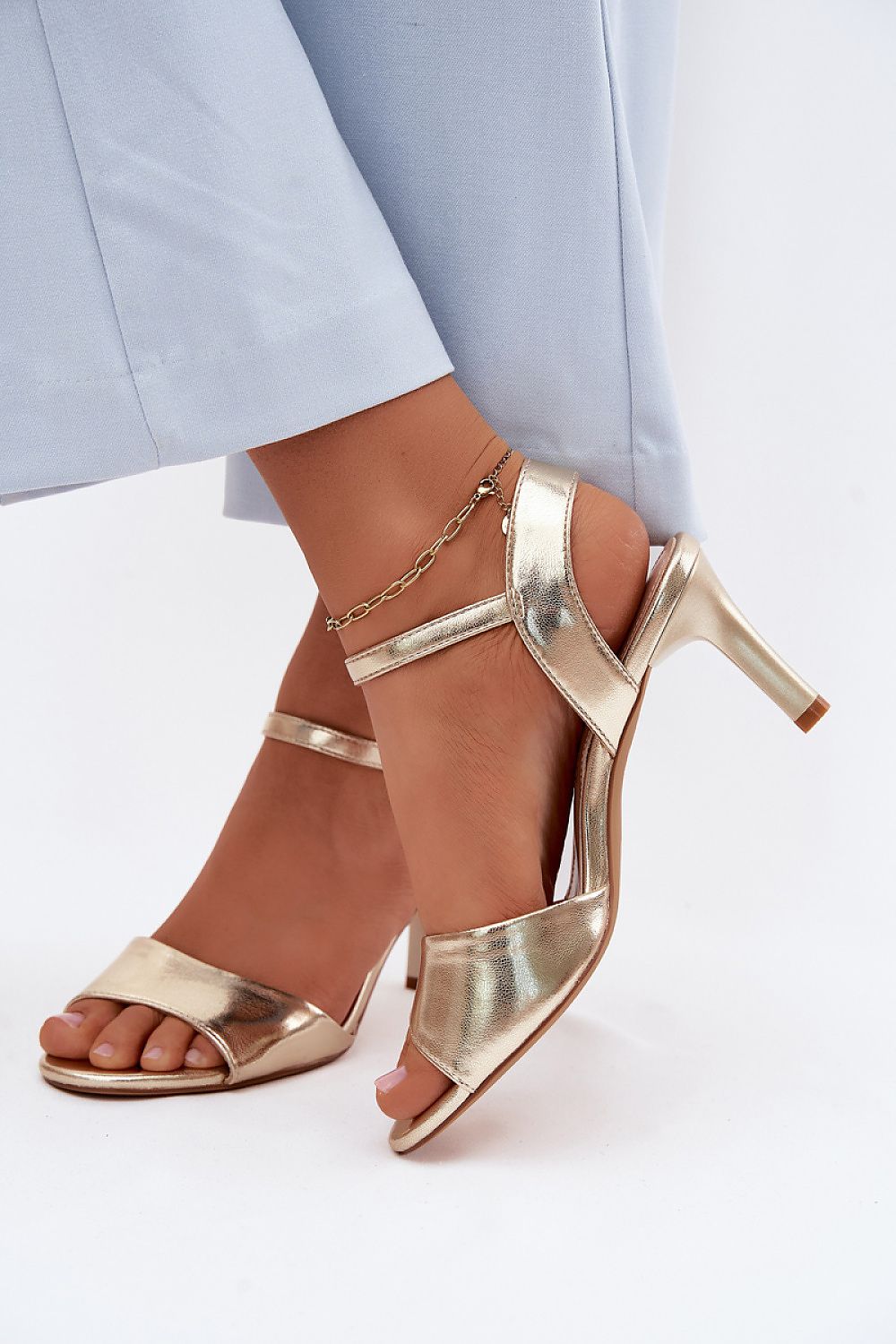 Women's Yellow and Grey Faux Leather Heeled Sandals detail view