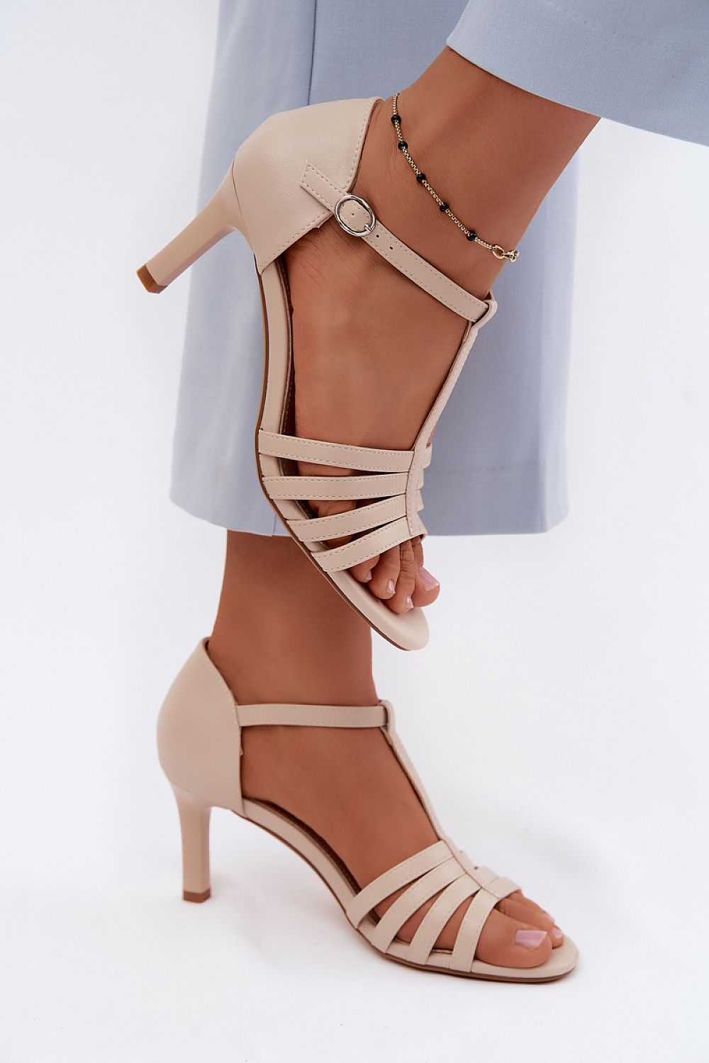 Women's Beige and Yellow Faux Leather Heeled Sandals front view