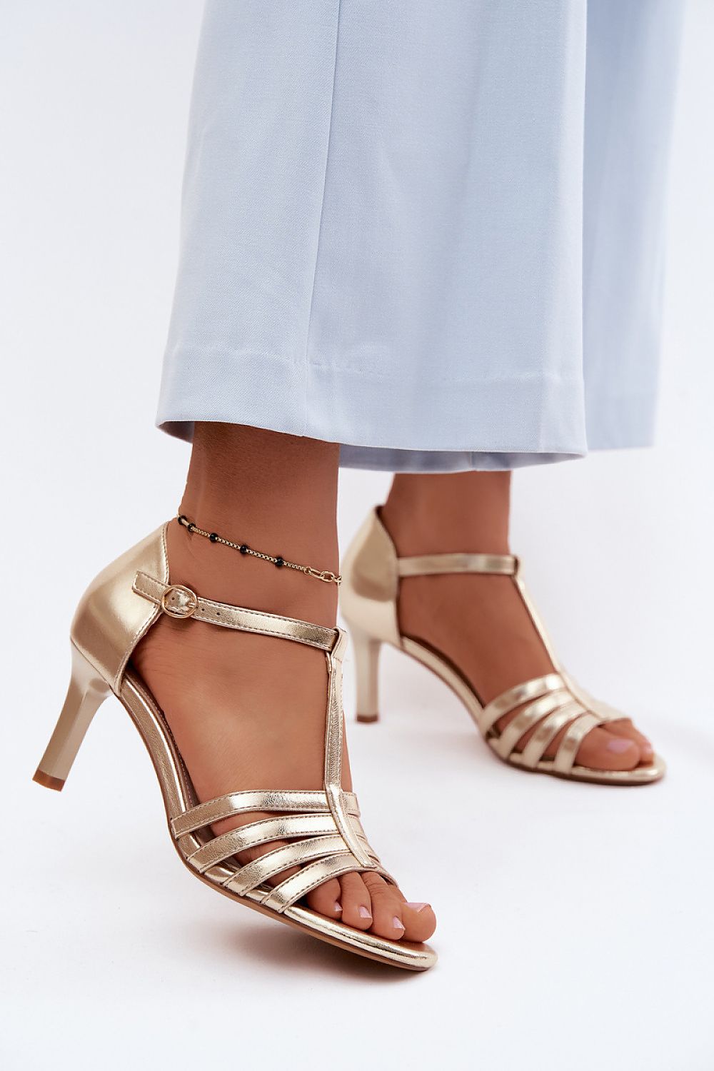 Women's Beige and Yellow Faux Leather Heeled Sandals back view