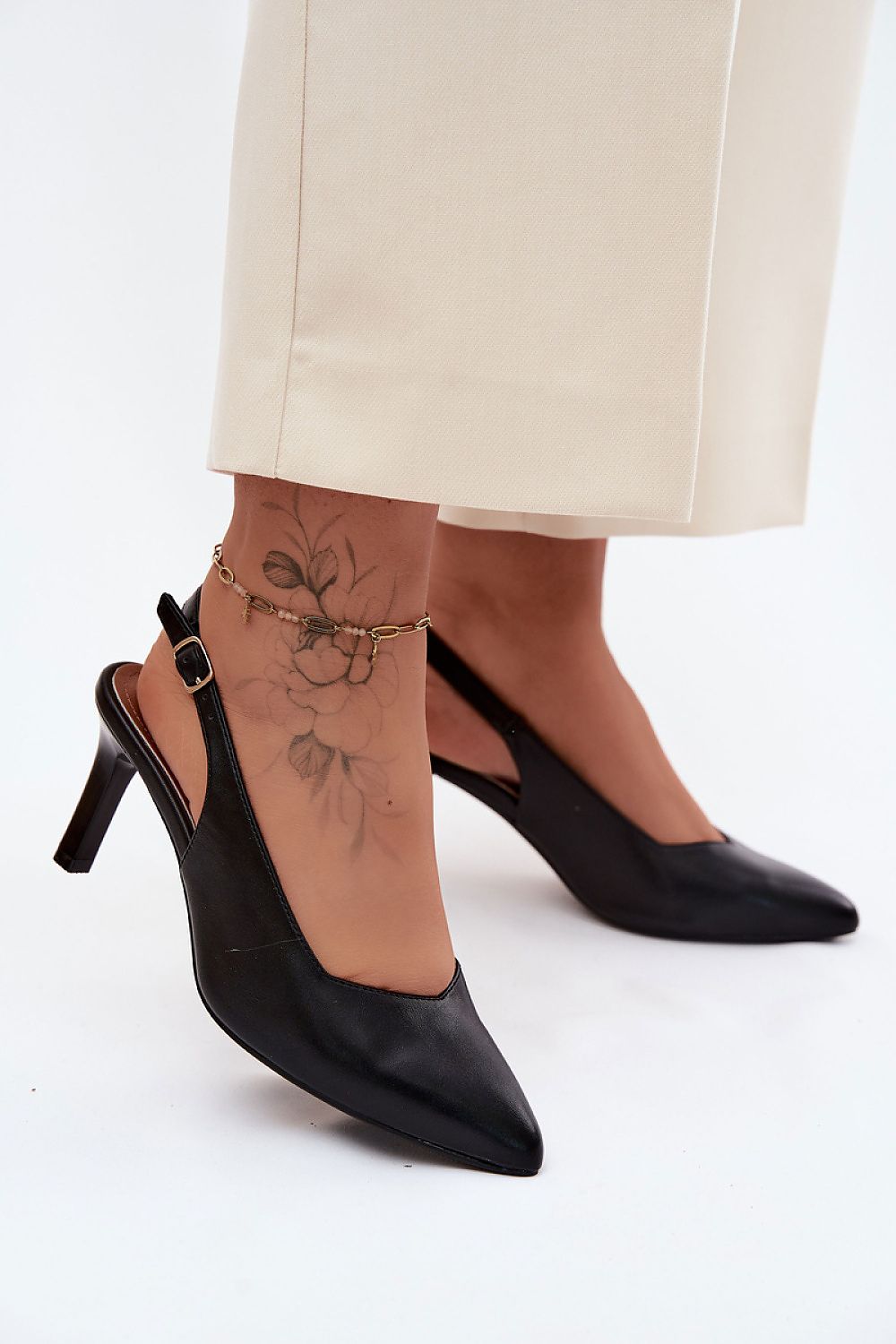 Women's Black and Beige Faux Leather Heeled Sandals front view