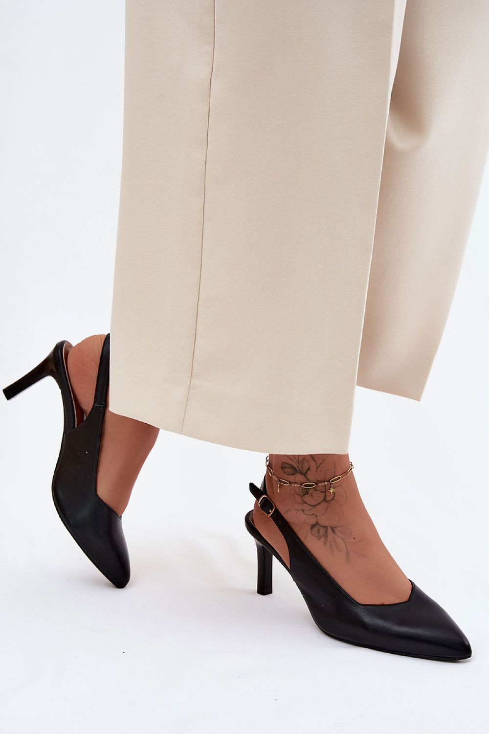 Women's Black and Beige Faux Leather Heeled Sandals detail view